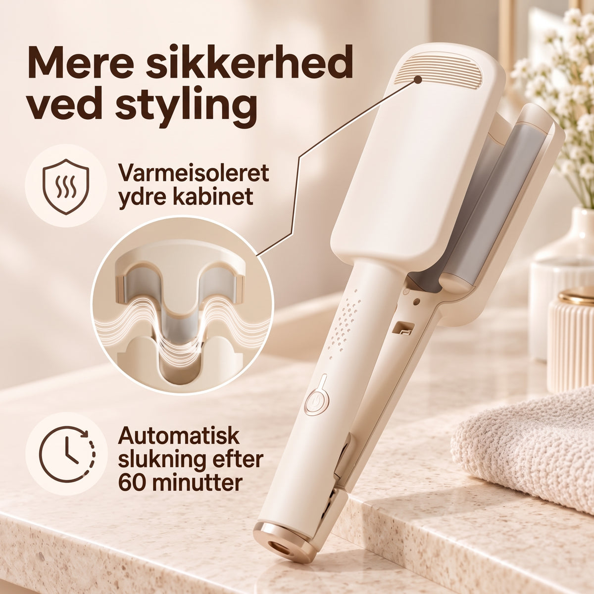 Professionelt krøllejern med brede ruller til smukke, svungne bølger