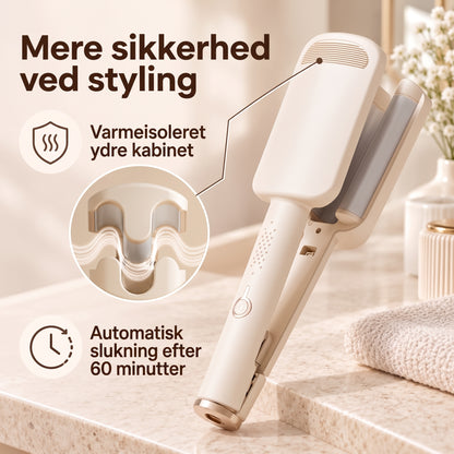 Professionelt krøllejern med brede ruller til smukke, svungne bølger