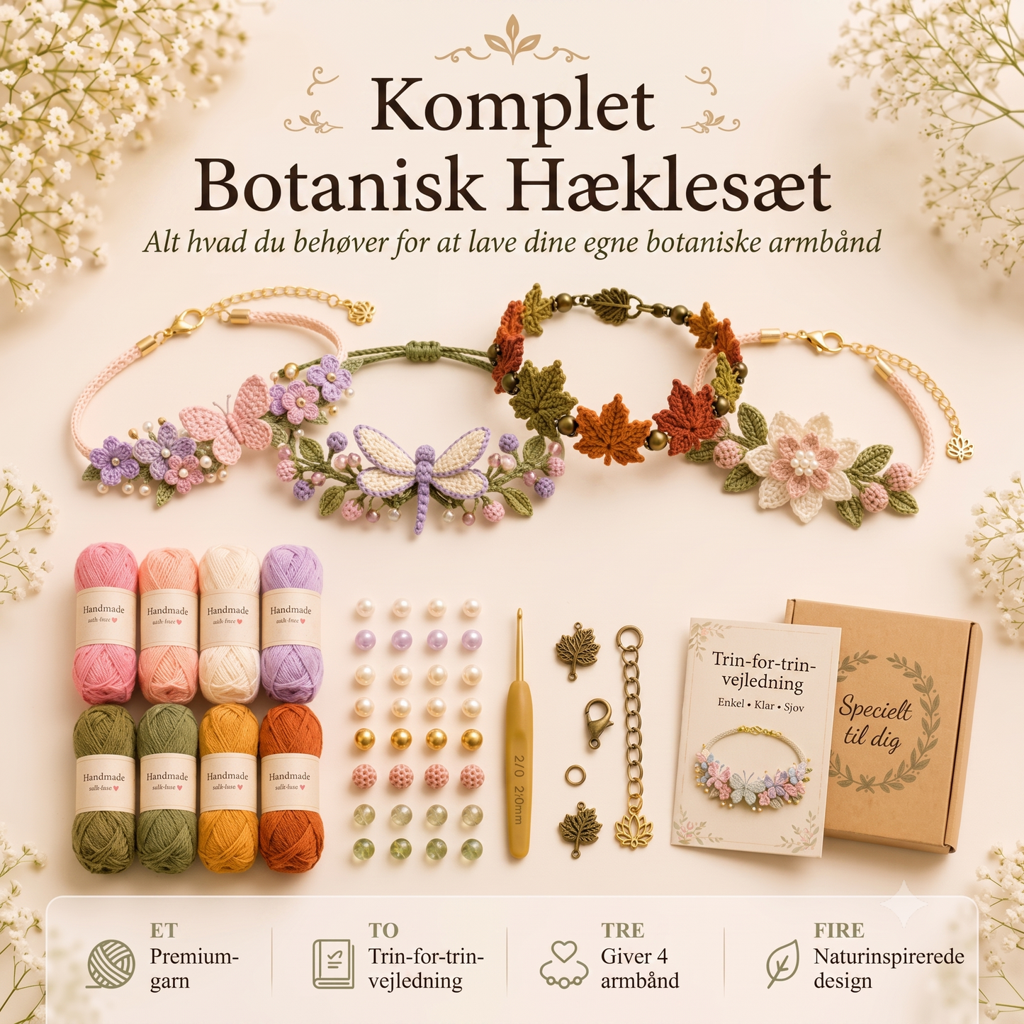 Naturfiber-baseret Håndværks-sæt til Hæklet Armbånd med Geometrisk Modulstruktur