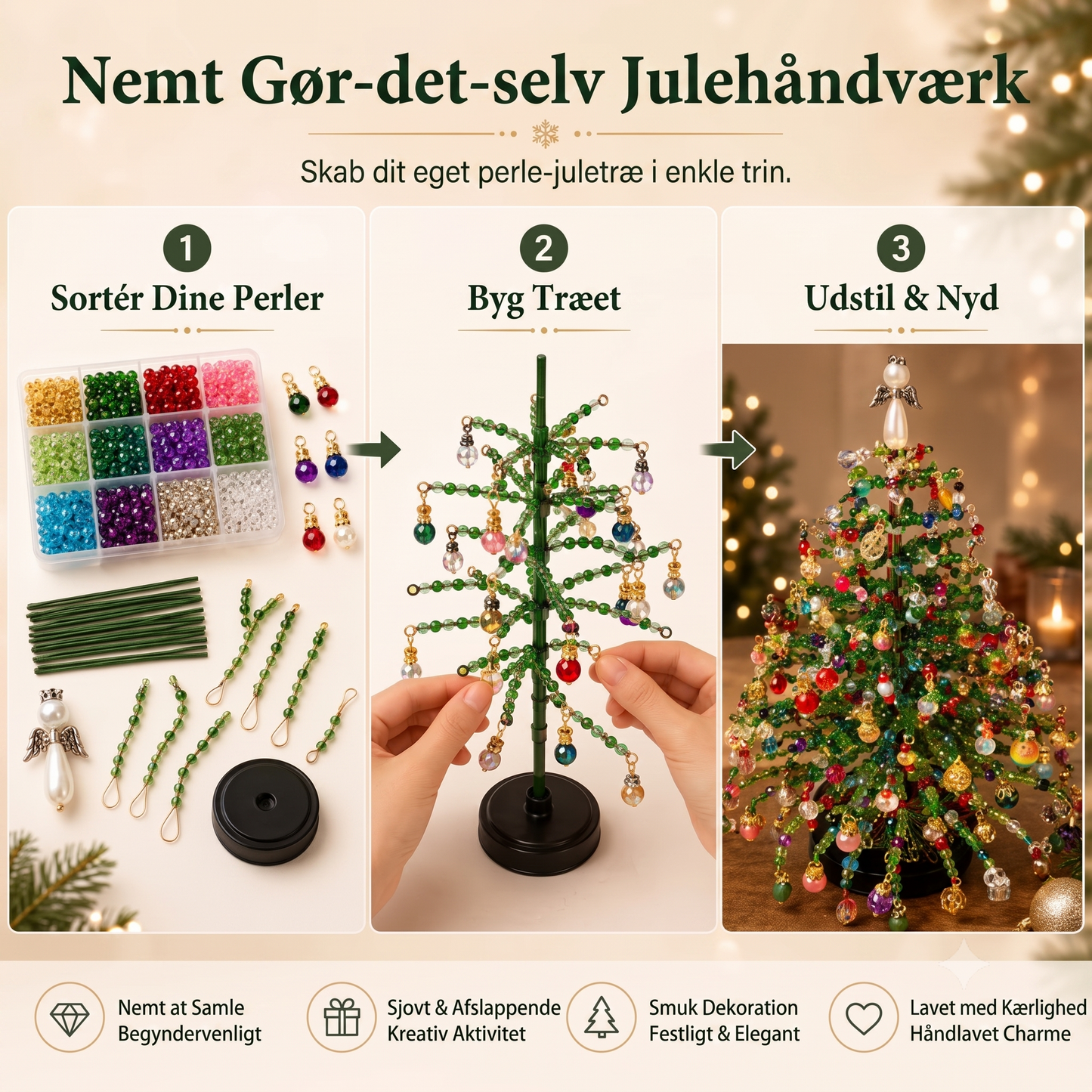 Skab dit eget juletræ med perler og glitrende DIY-dekoration