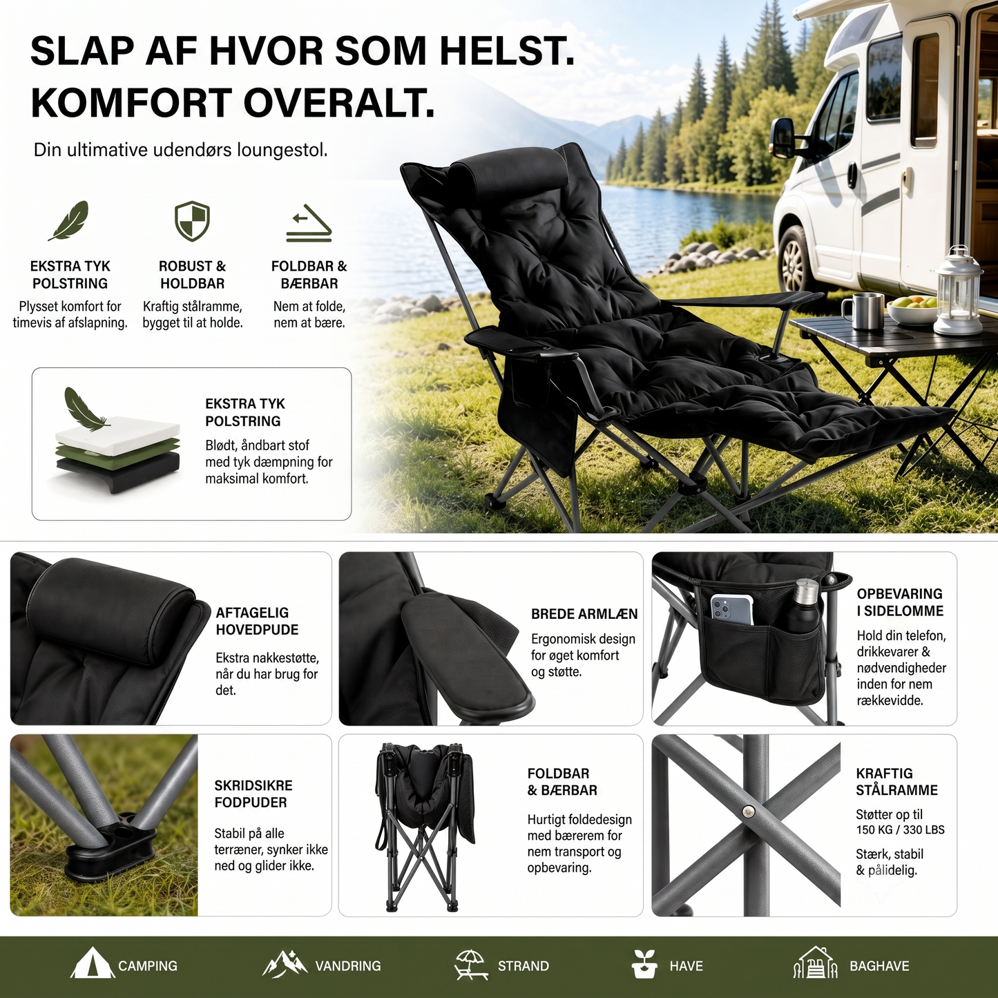 Komfortabel Justerbar Klapstol til Camping og Have