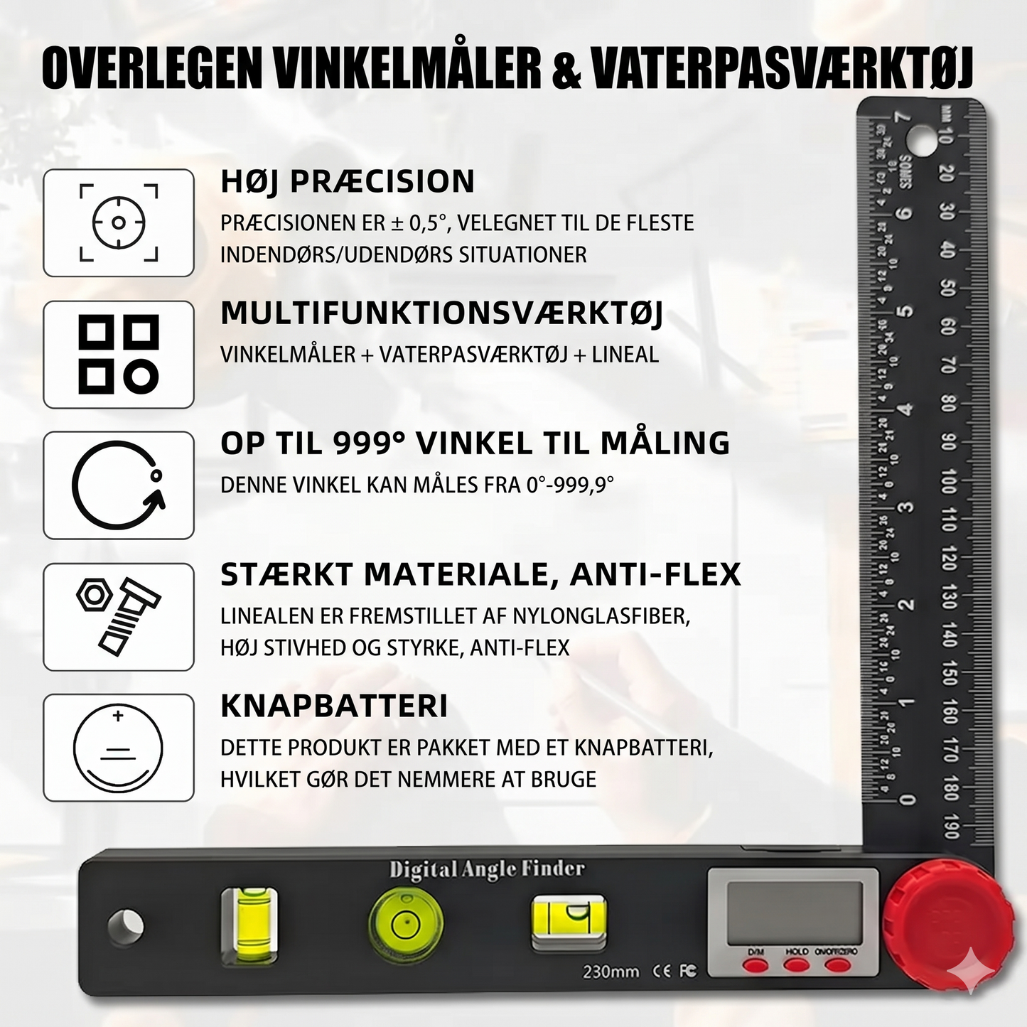 4-i-1 Digital Vinkelmåler med Lineal og Vaterpas