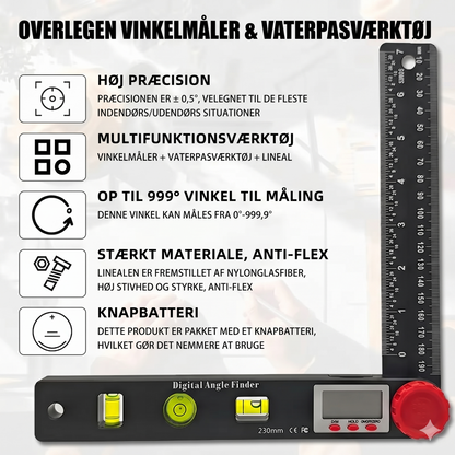 4-i-1 Digital Vinkelmåler med Lineal og Vaterpas