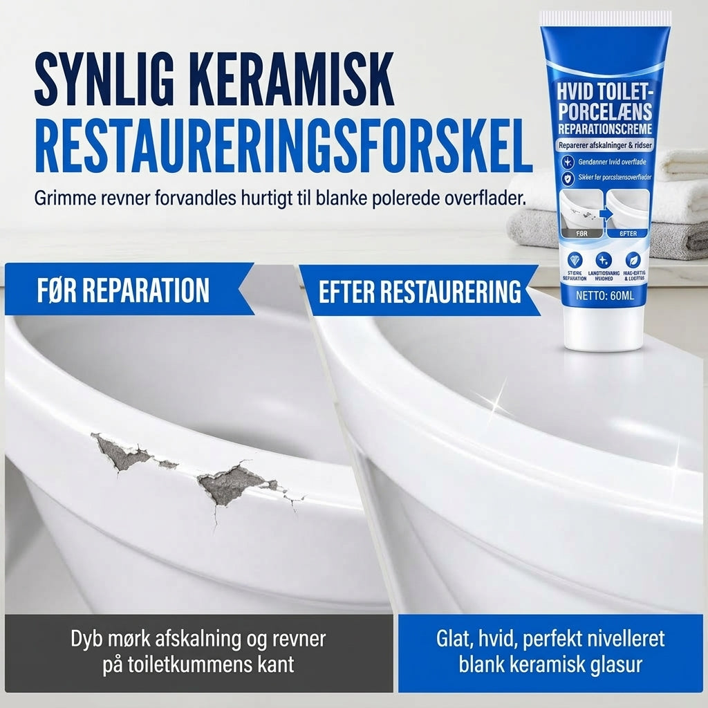 Hvid reparationscreme til porcelæn og sanitetsartikler til nem udbedring af skader og revner