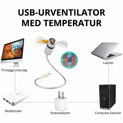 Fleksibel USB-Kontorventilator – Med Svævende Digitalt Ur og Termometer