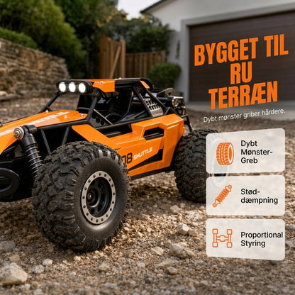Hurtiggående fjernstyret terrængående terrængående bil med firehjulstræk, støddæmpende affjedring og LED-lys