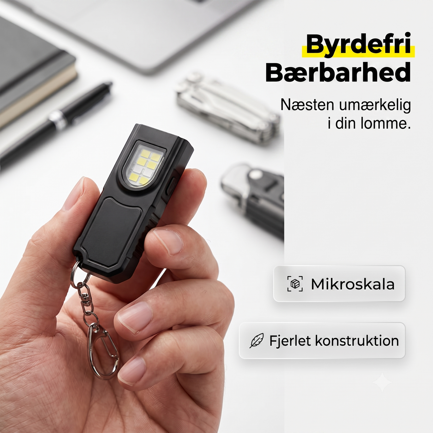 Mini nøgleringslygte med magnetisk base til praktisk hverdagsbrug