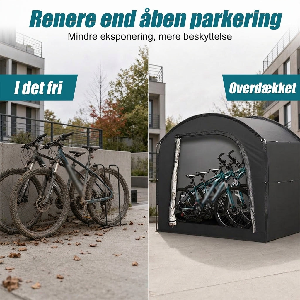 Robust opbevaringstelt til haven med plads til cykler, redskaber og friluftsudstyr