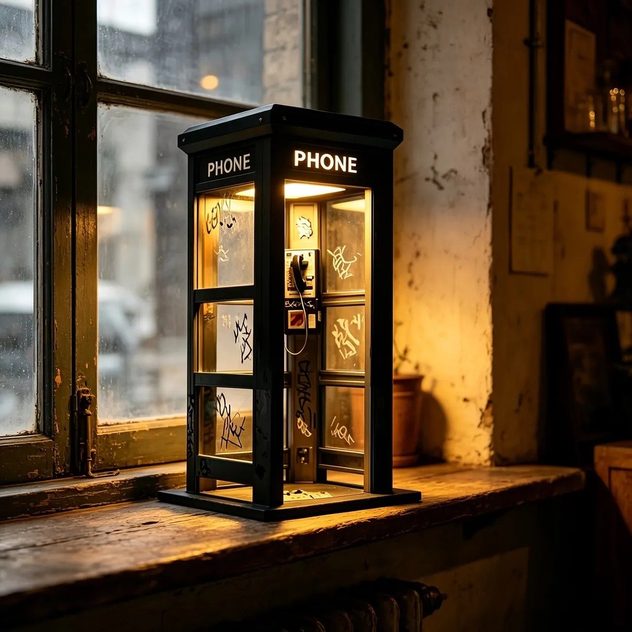 Vintage Telefonboks Stemningslampe med Varmt Lys