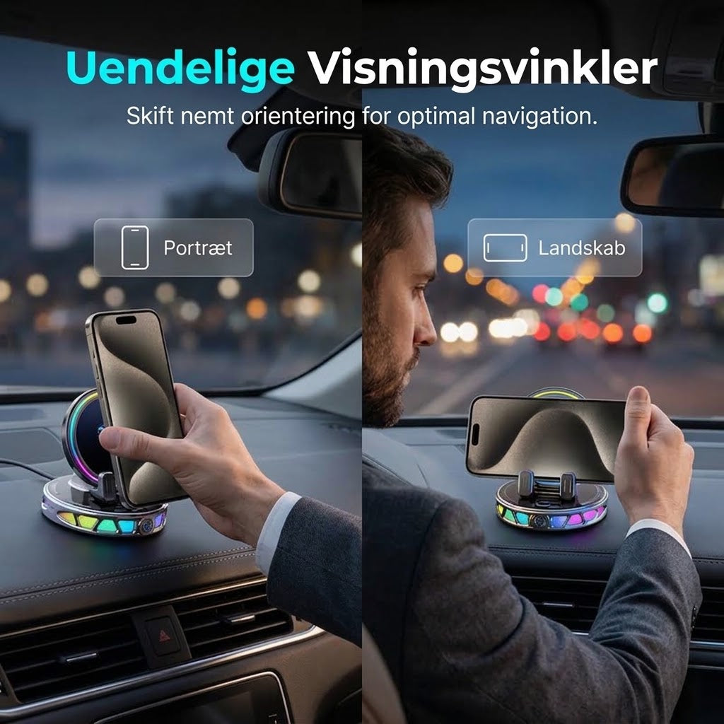360° Roterbar Mobilholder til Bilen med Trådløs Opladning og RGB-lys