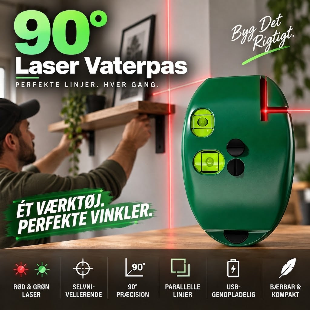 90° Laservaterpas med Krydslaser – Højpræcision til Fliser, Maling og Montering
