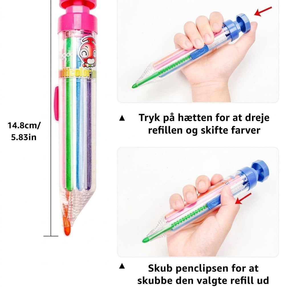 8-i-1 Farvekridt med Trykknap – Kemikaliefri Farveblyant til Børn