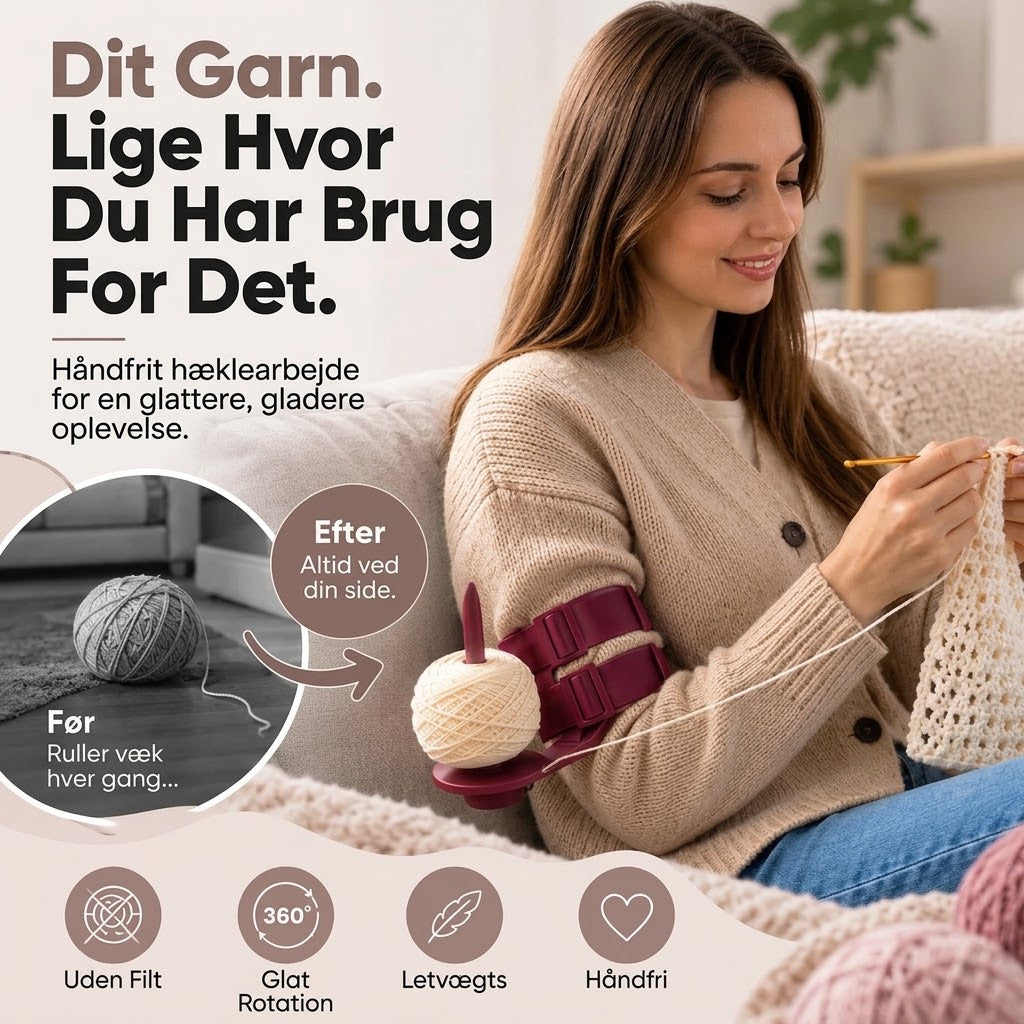 Bærbar garnholder til armen med justerbare dobbelte remme til strikning på farten