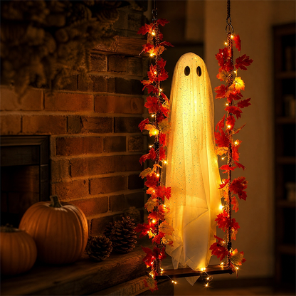 Hængehjemsøgt Halloween-spøgelse på gynge med fjernbetjening, LED og lønneblade