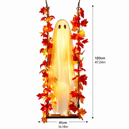Hængehjemsøgt Halloween-spøgelse på gynge med fjernbetjening, LED og lønneblade