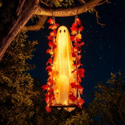 Hængehjemsøgt Halloween-spøgelse på gynge med fjernbetjening, LED og lønneblade
