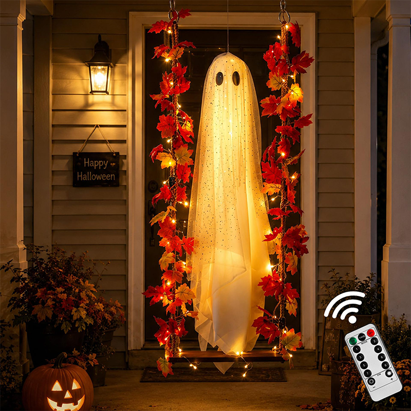 Hængehjemsøgt Halloween-spøgelse på gynge med fjernbetjening, LED og lønneblade