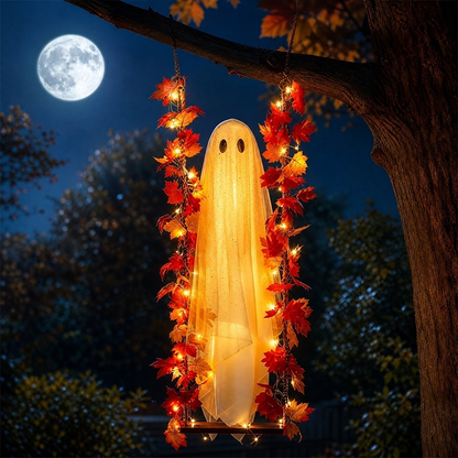 Hængehjemsøgt Halloween-spøgelse på gynge med fjernbetjening, LED og lønneblade